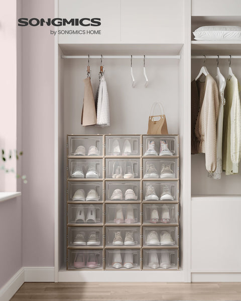 Rootz 18 Pack Shoe Box Organizer - Storage Container - Clear Plastic Bins - Stackable - PP Material - ABS Frame - 33.5cm x 23.2cm x 14.3cm