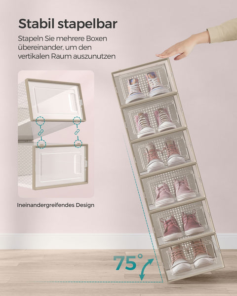 Rootz 18 Pack Shoe Box Organizer - Storage Container - Clear Plastic Bins - Stackable - PP Material - ABS Frame - 33.5cm x 23.2cm x 14.3cm