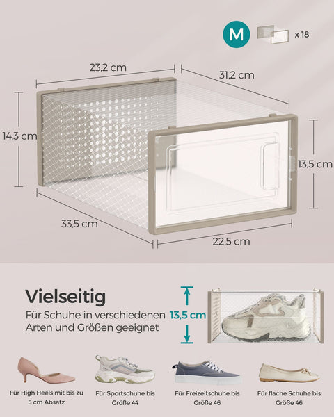 Rootz 18 Pack Shoe Box Organizer - Storage Container - Clear Plastic Bins - Stackable - PP Material - ABS Frame - 33.5cm x 23.2cm x 14.3cm
