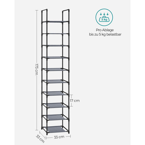 Rootz Gray Shoe Rack Organizer - Storage Rack - Shoe Stand - Non-Woven Fabric Shelves - Metal Tubes - Plastic Connectors - Space Saving - Easy Assembly - Lightweight - 33cm x 33cm x 173cm