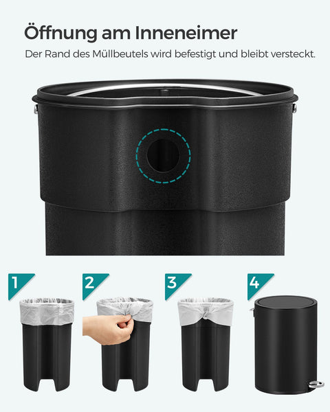 Rootz 3 Liter Bathroom Cosmetic Bucket - Pedal Bin - Trash Can - Steel Surface - Quiet Closing Lid - Durable Foot Pedal - Removable Inner Bucket - 23.8cm x 18.8cm x 25.7cm