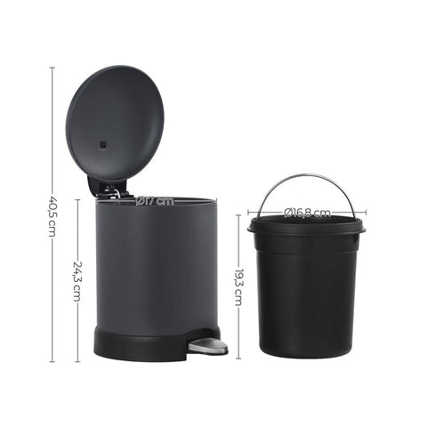 Rootz Trash Can With Lid - Trash Bin - Soft Close Function - Kitchen Garbage Bin - Compact Garbage Bin - Steel - Smoke Gray - 16.8 x 24.2 x 24.3 cm (L x W x H)