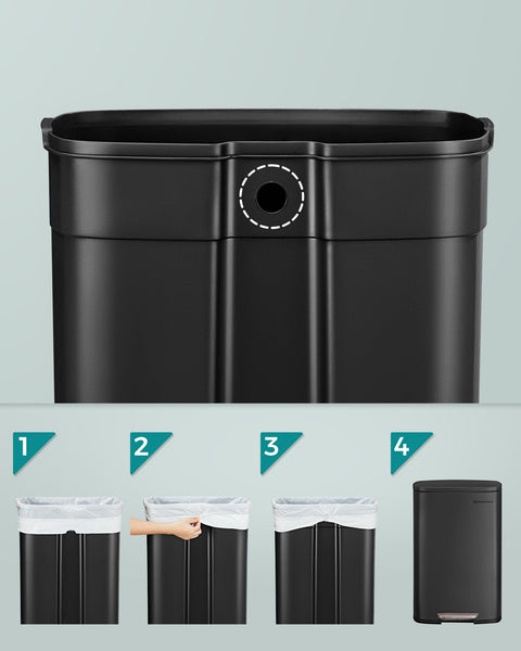 Rootz 50L Black Steel Trash Can - Garbage Bin - Waste Basket - Durable Construction - Hands-Free Operation - Odor Control - 42.5cm x 31.8cm x 65.7cm