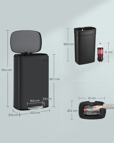 Rootz 50L Black Steel Trash Can - Garbage Bin - Waste Basket - Durable Construction - Hands-Free Operation - Odor Control - 42.5cm x 31.8cm x 65.7cm