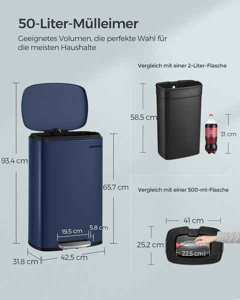 Rootz 50L Blue Steel and Plastic Trash Can - Garbage Bin - Waste Container - Hands-Free Operation - Space-Saving Design - Odor Control - 42.5cm x 31.8cm x 65.7cm