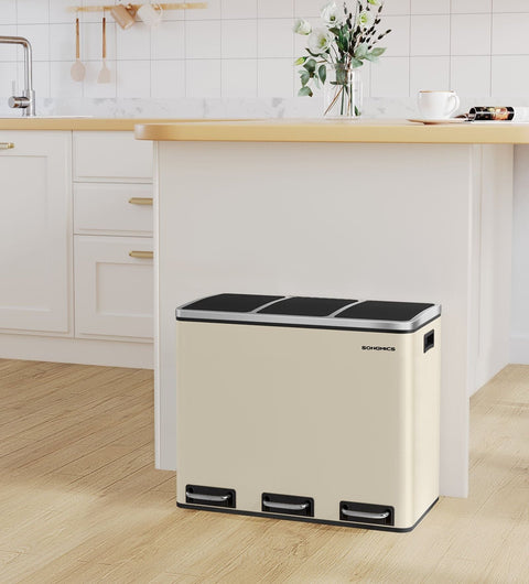 Rootz Waste Separation System - Recycling Bin - Waste Sorter - 3 Compartments - 3 x 18L - Sand Beige Lid - Steel Body - Large Capacity - 61cm x 31.5cm x 55.5cm