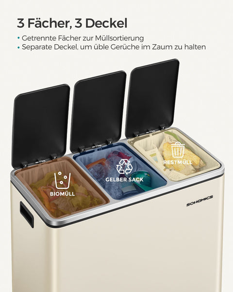 Rootz Waste Separation System - Recycling Bin - Waste Sorter - 3 Compartments - 3 x 18L - Sand Beige Lid - Steel Body - Large Capacity - 61cm x 31.5cm x 55.5cm