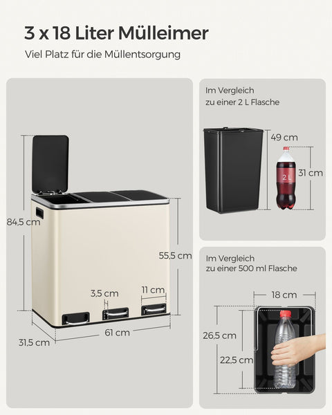 Rootz Waste Separation System - Recycling Bin - Waste Sorter - 3 Compartments - 3 x 18L - Sand Beige Lid - Steel Body - Large Capacity - 61cm x 31.5cm x 55.5cm