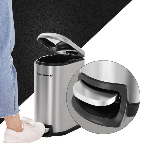 Rootz Trash Can - Trash Bin - Narrow Trash Can With Foot Pedal - Kitchen Trash Bin - Waste Bin - Stylish Kitchen Rubbish Bin - Steel - Plastic - Silver - 18.7 x 27.3 x 40.1 cm (L x W x H)