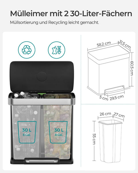 Rootz Kitchen Trash Can - Garbage Can - Waste Bin - Soft Close Lid - 40cm x 30cm x 50cm