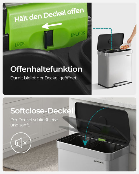 Rootz Kitchen Trash Can - Garbage Can - Waste Bin - Soft Close Lid - 40cm x 30cm x 50cm