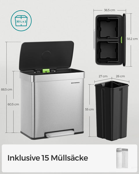 Rootz Kitchen Trash Can - Garbage Can - Waste Bin - Soft Close Lid - 40cm x 30cm x 50cm