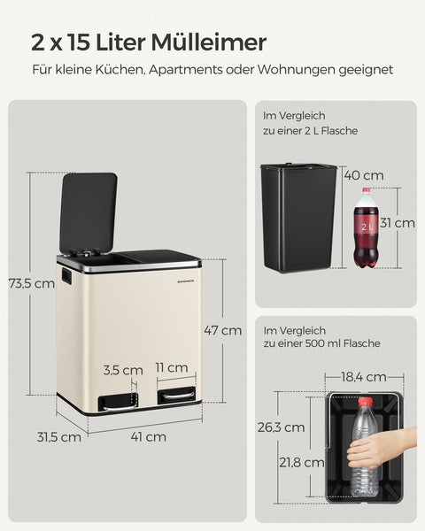 Rootz 15L Dual Compartment Cake Bin - Sand Beige Ink Black - Steel Construction - Odor-Free - Easy to Clean - Space-Saving Design - 41cm x 31.5cm x 47cm
