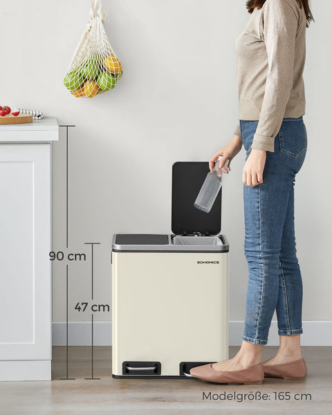 Rootz 15L Dual Compartment Cake Bin - Sand Beige Ink Black - Steel Construction - Odor-Free - Easy to Clean - Space-Saving Design - 41cm x 31.5cm x 47cm