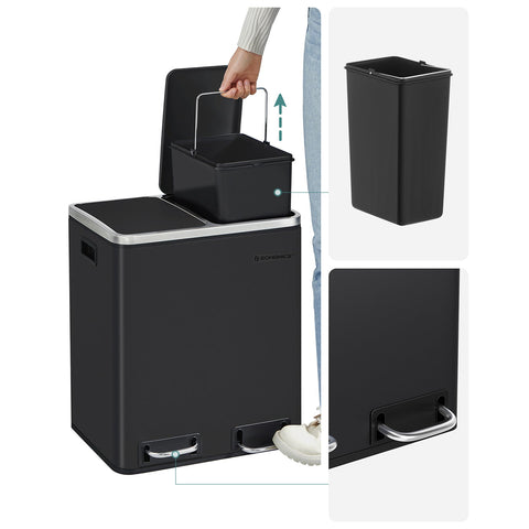 Rootz Dual Compartment Pedal Bin - Trash Can - Waste Bin - Steel Construction - Hygienic - Puppy and Child Safe - 41cm x 36cm x 73.5cm