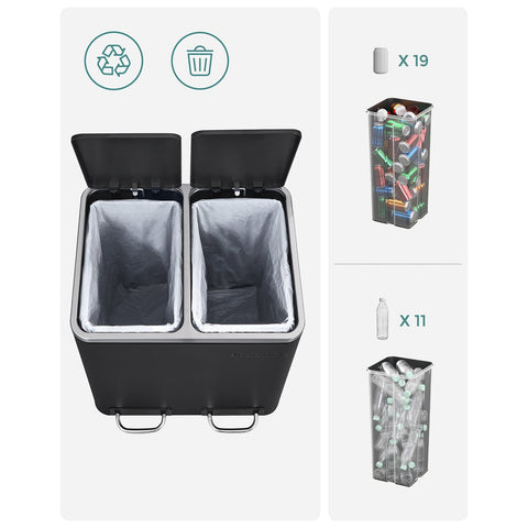Rootz Dual Compartment Pedal Bin - Trash Can - Waste Bin - Steel Construction - Hygienic - Puppy and Child Safe - 41cm x 36cm x 73.5cm