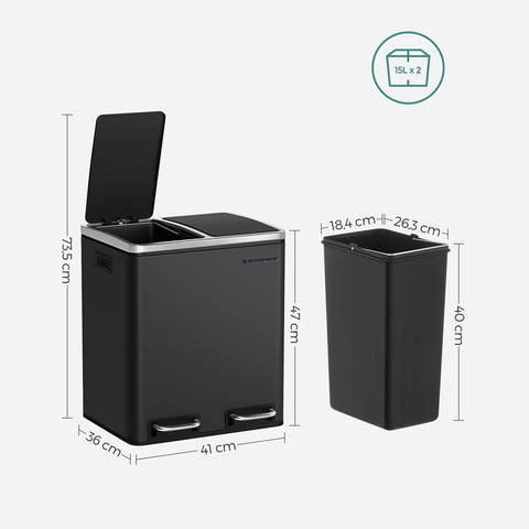 Rootz Dual Compartment Pedal Bin - Trash Can - Waste Bin - Steel Construction - Hygienic - Puppy and Child Safe - 41cm x 36cm x 73.5cm