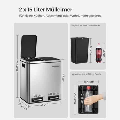 Rootz Stainless Steel Waste Bin - Trash Can - Garbage Bin - Pressure Resistant - Corrosion Resistant - Easy to Clean - 41cm x 47cm x 36cm