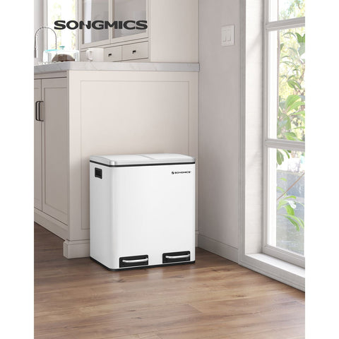 Rootz Dual Compartment Pedal Bin - Recycling Bin - Trash Can - White - Steel Construction - Hygienic - Puppy-Proof - Child-Proof - 41cm x 36cm x 73.5cm