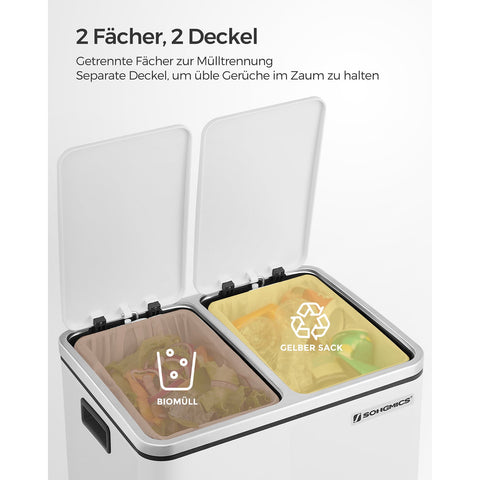 Rootz Dual Compartment Pedal Bin - Recycling Bin - Trash Can - White - Steel Construction - Hygienic - Puppy-Proof - Child-Proof - 41cm x 36cm x 73.5cm