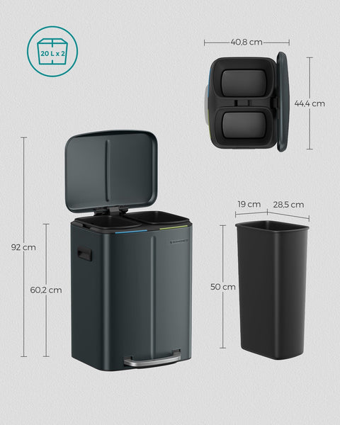 Rootz Grey Steel Cake Bin - Trash Can - Waste Bin - Foot Pedal - PP Plastic Inner Bucket - 44.4cm x 40.8cm x 60.2cm - 19cm x 28.5cm x 50cm - 92cm - 7.1kg - Includes 15 Gauze Bags