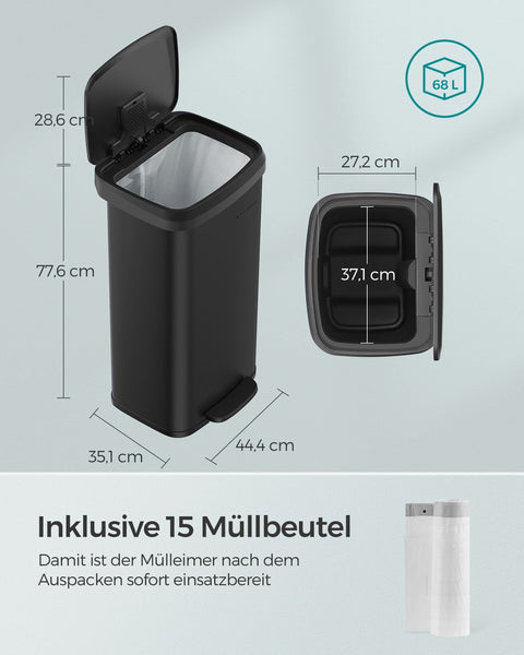 Rootz Metal Kitchen Trash Can - Garbage Bin - Waste Receptacle - Durable Construction - 68 liters - Black Lid - 45.7cm x 36.8cm x 68.6cm