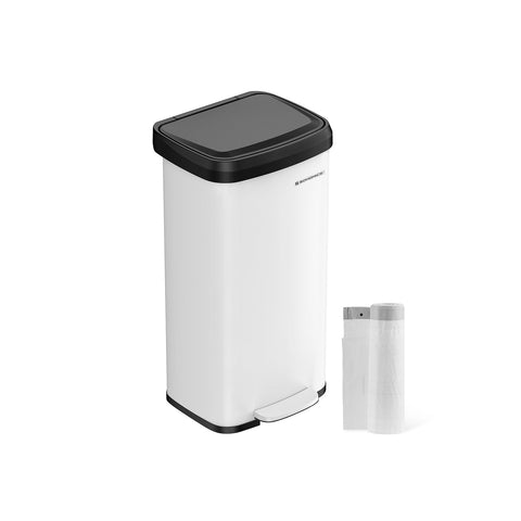 Rootz 68L Steel Trash Can with Lid - Waste Bin - Garbage Can - Steel and PP Plastic - Hands-Free Operation - Odor Control - Space-Saving Design - 40.4cm x 35.1cm x 77.6cm - White-Black