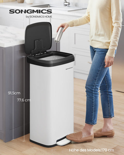 Rootz 68L Steel Trash Can with Lid - Waste Bin - Garbage Can - Steel and PP Plastic - Hands-Free Operation - Odor Control - Space-Saving Design - 40.4cm x 35.1cm x 77.6cm - White-Black