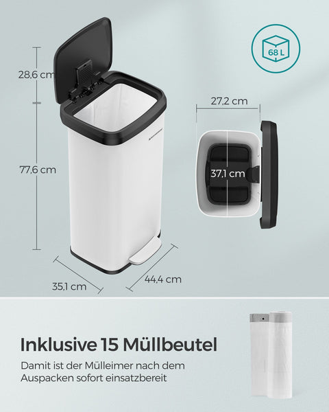 Rootz 68L Steel Trash Can with Lid - Waste Bin - Garbage Can - Steel and PP Plastic - Hands-Free Operation - Odor Control - Space-Saving Design - 40.4cm x 35.1cm x 77.6cm - White-Black