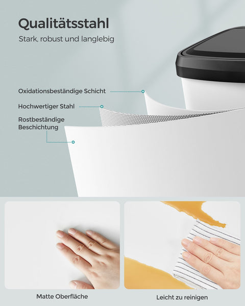 Rootz 68L Steel Trash Can with Lid - Waste Bin - Garbage Can - Steel and PP Plastic - Hands-Free Operation - Odor Control - Space-Saving Design - 40.4cm x 35.1cm x 77.6cm - White-Black