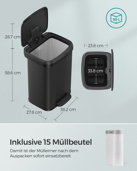 Rootz 50L Black Trash Can with Lid - Garbage Bin - Waste Basket - Steel and PP Plastic - Hands-Free Operation - Odor Control - Space-Saving Design - 40.4cm x 32.1cm x 58.6cm