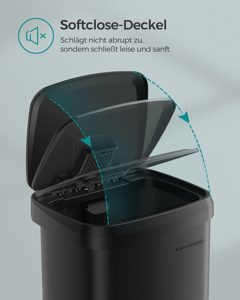 Rootz 50L Black Trash Can with Lid - Garbage Bin - Waste Basket - Steel and PP Plastic - Hands-Free Operation - Odor Control - Space-Saving Design - 40.4cm x 32.1cm x 58.6cm