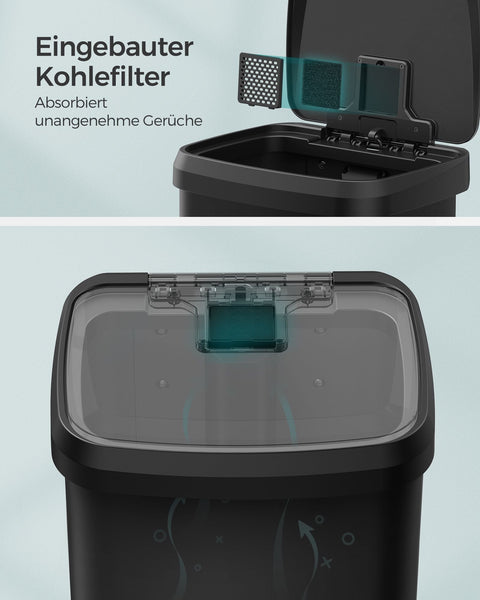 Rootz 50L Black Trash Can with Lid - Garbage Bin - Waste Basket - Steel and PP Plastic - Hands-Free Operation - Odor Control - Space-Saving Design - 40.4cm x 32.1cm x 58.6cm