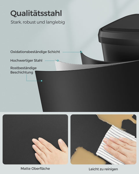 Rootz 50L Black Trash Can with Lid - Garbage Bin - Waste Basket - Steel and PP Plastic - Hands-Free Operation - Odor Control - Space-Saving Design - 40.4cm x 32.1cm x 58.6cm