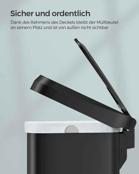 Rootz 50L Black Trash Can with Lid - Garbage Bin - Waste Basket - Steel and PP Plastic - Hands-Free Operation - Odor Control - Space-Saving Design - 40.4cm x 32.1cm x 58.6cm