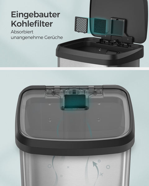 Rootz 50L Trash Can with Lid - Garbage Bin - Waste Basket - Steel and PP Plastic - Hands-Free Operation - Odor Control - Space-Saving Design - 40.4cm x 32.1cm x 58.6cm - Silver-Black - Includes 15 Gauze Bags