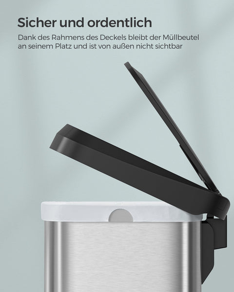 Rootz 50L Trash Can with Lid - Garbage Bin - Waste Basket - Steel and PP Plastic - Hands-Free Operation - Odor Control - Space-Saving Design - 40.4cm x 32.1cm x 58.6cm - Silver-Black - Includes 15 Gauze Bags