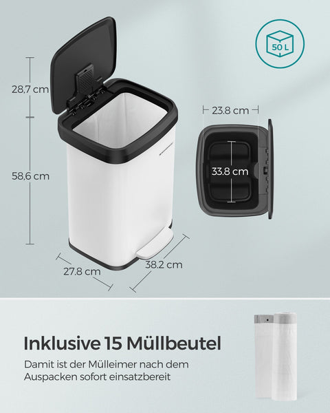 Rootz 50L Steel Trash Can with Lid - Waste Bin - Garbage Can - Durable PP Plastic - Hands-Free Operation - Odor Control - Space-Saving Design - 40.4cm x 32.1cm x 58.6cm