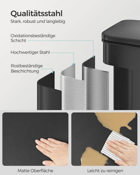 Rootz Steel Trash Can with Lid - Garbage Bin - Waste Basket - Durable Material - 40 Liter Capacity - 34.8cm x 32.1cm x 55.7cm - Black - 83.3cm Total Height - 3.3kg - Includes 15 Gauze Bags