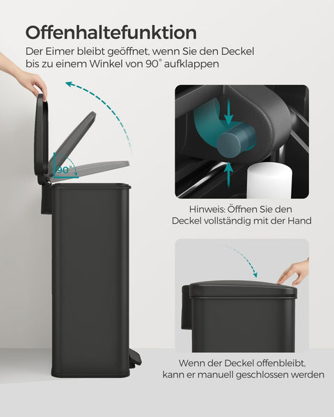Rootz Steel Trash Can with Lid - Garbage Bin - Waste Basket - Durable Material - 40 Liter Capacity - 34.8cm x 32.1cm x 55.7cm - Black - 83.3cm Total Height - 3.3kg - Includes 15 Gauze Bags