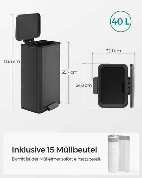 Rootz Steel Trash Can with Lid - Garbage Bin - Waste Basket - Durable Material - 40 Liter Capacity - 34.8cm x 32.1cm x 55.7cm - Black - 83.3cm Total Height - 3.3kg - Includes 15 Gauze Bags