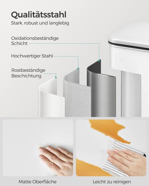 Rootz White Steel Trash Can with Lid - Garbage Bin - Waste Basket - 40 Liter Capacity - 34.8cm x 32.1cm x 55.7cm - 83.3cm Total Height - 3.3kg - Includes 15 Gauze Bags