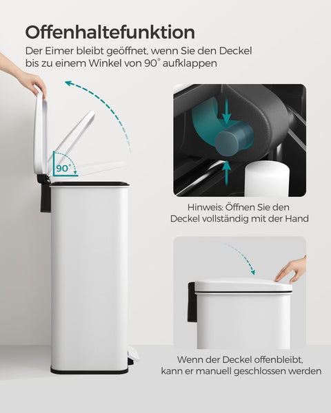 Rootz White Steel Trash Can with Lid - Garbage Bin - Waste Basket - 40 Liter Capacity - 34.8cm x 32.1cm x 55.7cm - 83.3cm Total Height - 3.3kg - Includes 15 Gauze Bags