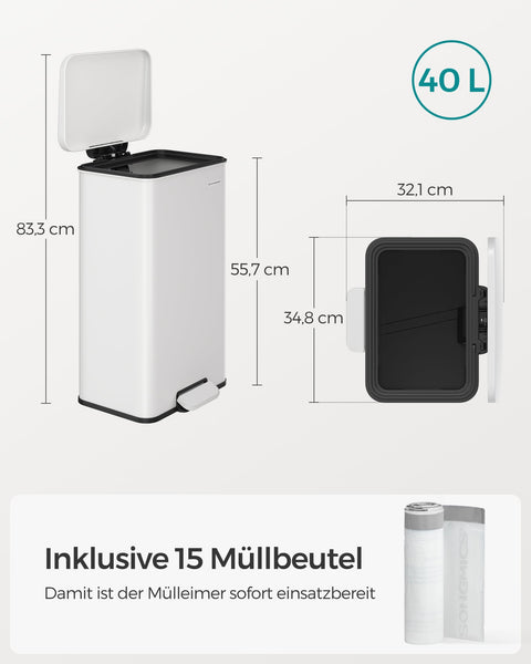 Rootz White Steel Trash Can with Lid - Garbage Bin - Waste Basket - 40 Liter Capacity - 34.8cm x 32.1cm x 55.7cm - 83.3cm Total Height - 3.3kg - Includes 15 Gauze Bags