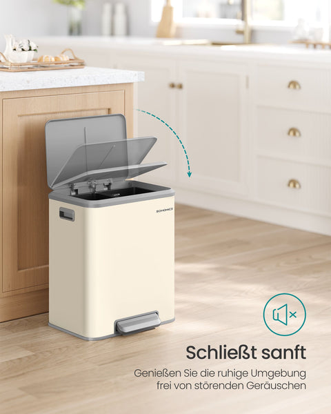 Rootz Dual Compartment Trash Can - Recycling Bin - Steel Construction - Sand Beige - 41.7cm x 33.2cm x 49.4cm - 2 x 15L Capacity