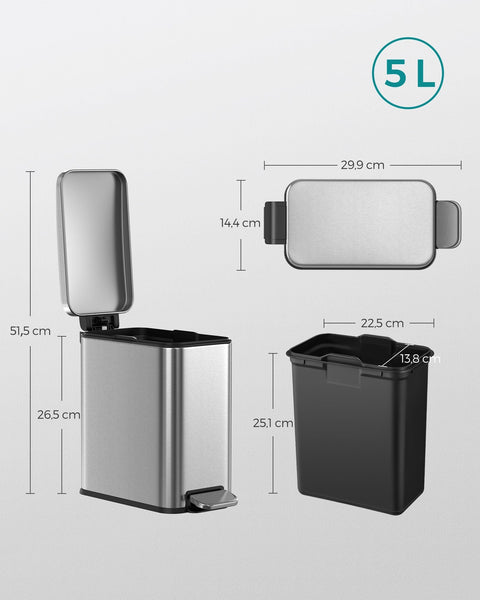Rootz Silver Cosmetic Bin - Makeup Organizer - Storage Container - Steel Outer - PP Plastic Inner - ABS Plastic Base - 29.9cm x 14.4cm x 29cm - 5 Liter Capacity - Lightweight 1kg - Compact Design