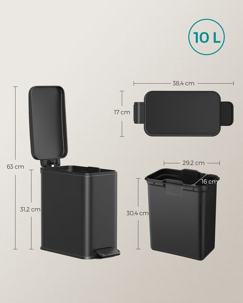 Rootz 10L Black Cosmetic Bin - Makeup Organizer - Waste Bin - Steel Outer Container - PP Plastic Inner Bucket - ABS Plastic Base - 38.4cm x 17cm x 35cm - Large Capacity - Lightweight - Stylish Design