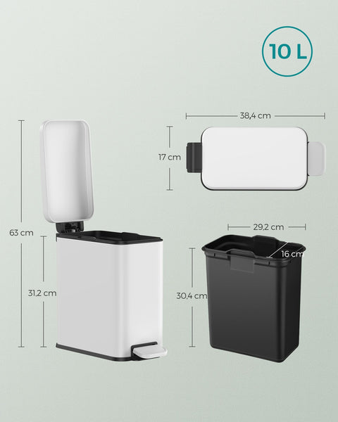 Rootz 10L White Cosmetic Bin - Steel Outer Container - PP Plastic Inner Bucket - ABS Plastic Base - Compact Size - Easy to Clean - Durable Construction - 38.4cm x 17cm x 35cm