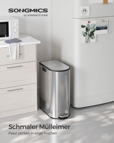 Rootz Metallic Silver Steel Trash Can - Waste Bin - Garbage Can - Foot Pedal - PP Plastic Inner Bucket - 20L & 30L Capacity - 49cm x 29cm x 64cm - 25.6cm x 17.8cm x 60.5cm - 25.6cm x 25cm x 60.5cm - 77cm Total Height - 7.3kg - Cake Bin with 2 Compartments