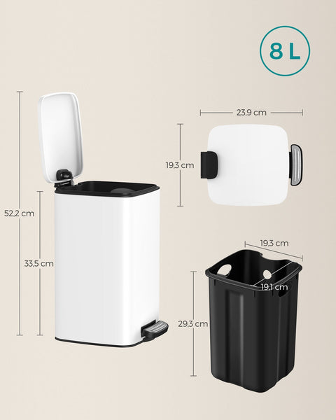 Rootz White Cosmetic Bin - Makeup Organizer - Bathroom Trash Can - Steel Outer Container - PP Plastic Inner Bucket - ABS Plastic Base - 23.9cm x 19.3cm x 33.5cm - 8 Liter Capacity - Lightweight 1.1kg